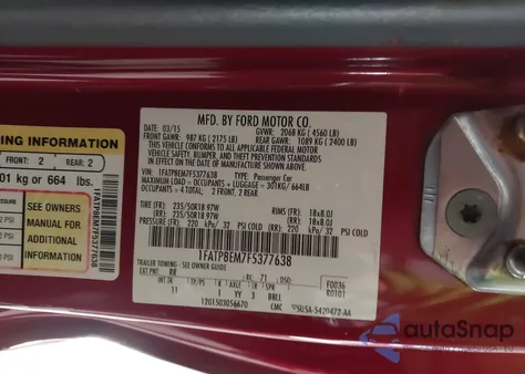 2015 Ford Mustang V6 z USA, uszkodzony, nr VIN 1FATP8EM7F5377638